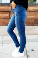 Dark Wash Mid Rise Distressed Plaid Patch Skinny Jeans - Image 2