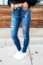 Dark Wash Mid Rise Distressed Plaid Patch Skinny Jeans - Image 3