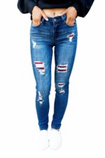 Dark Wash Mid Rise Distressed Plaid Patch Skinny Jeans - Image 4