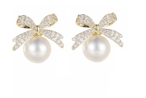 getpubthumb-57.png Gold Bow Stud Earrings with Large Pearl Drops - Image 1