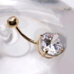 14Kt Yellow Gold Navel Ring with Large Clear Round Prong Set CZ - Image 2