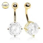 14Kt Yellow Gold Navel Ring with Large Clear Round Prong Set CZ - Image 3